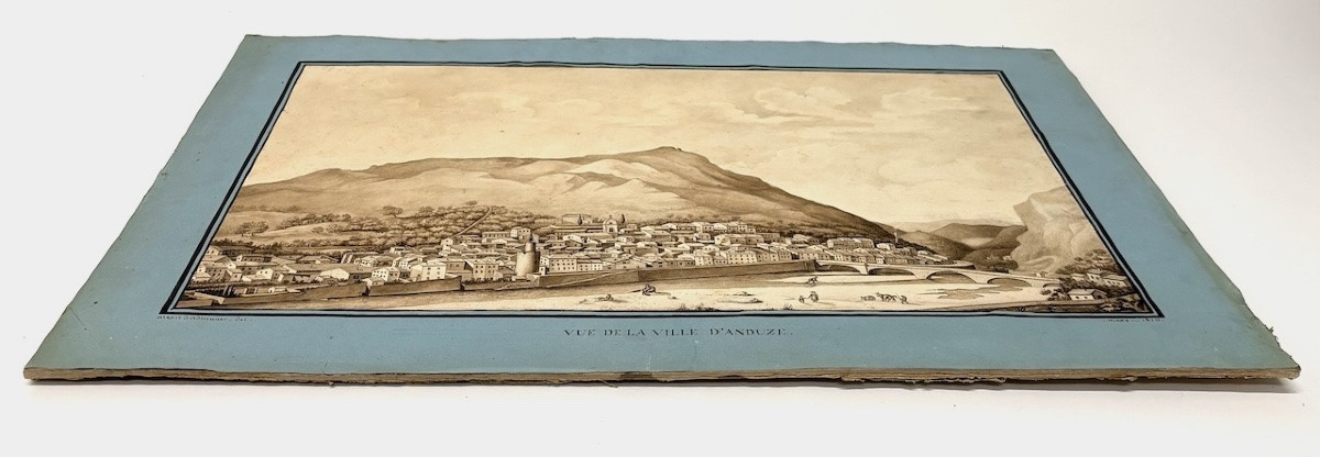 Drawing Wash Watercolor View Of The Town Of Anduze In 1816 Gard Gardon Signed Refm17-photo-3