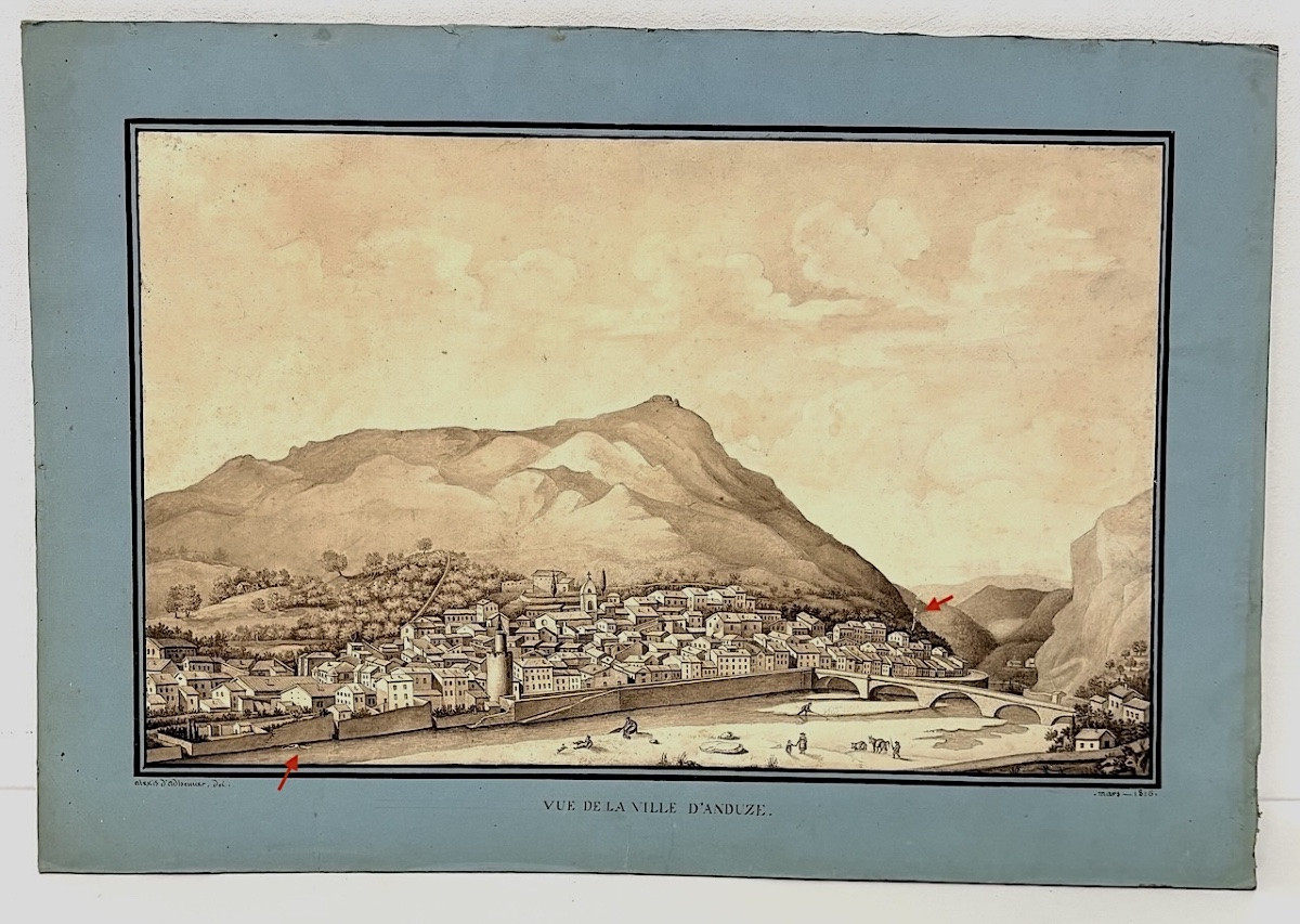Drawing Wash Watercolor View Of The Town Of Anduze In 1816 Gard Gardon Signed Refm17-photo-8