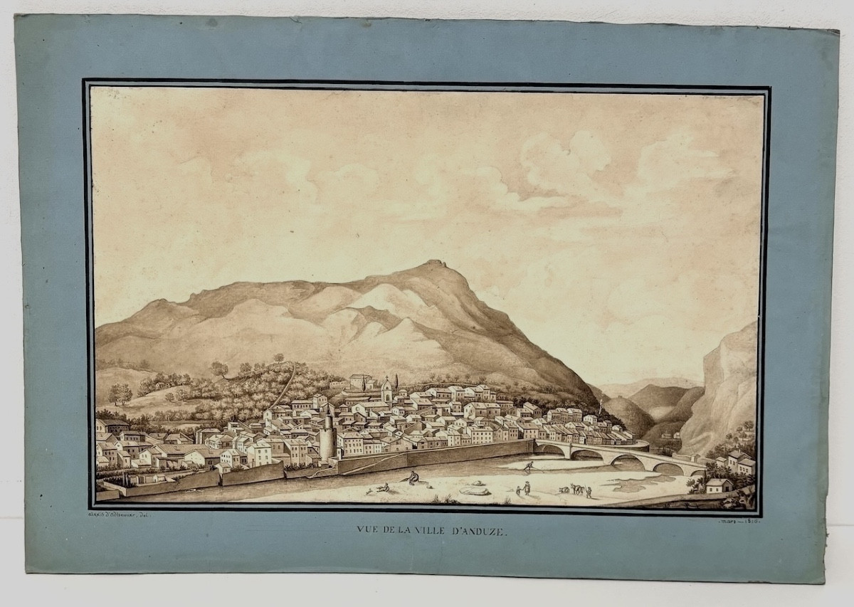 Drawing Wash Watercolor View Of The Town Of Anduze In 1816 Gard Gardon Signed Refm17