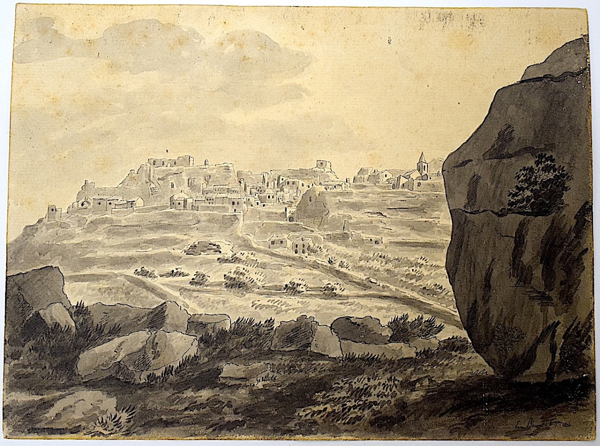 Attribué à Pierre Revoil Dessin lavis Village Baux de Provence en 1824 Alpilles refm19