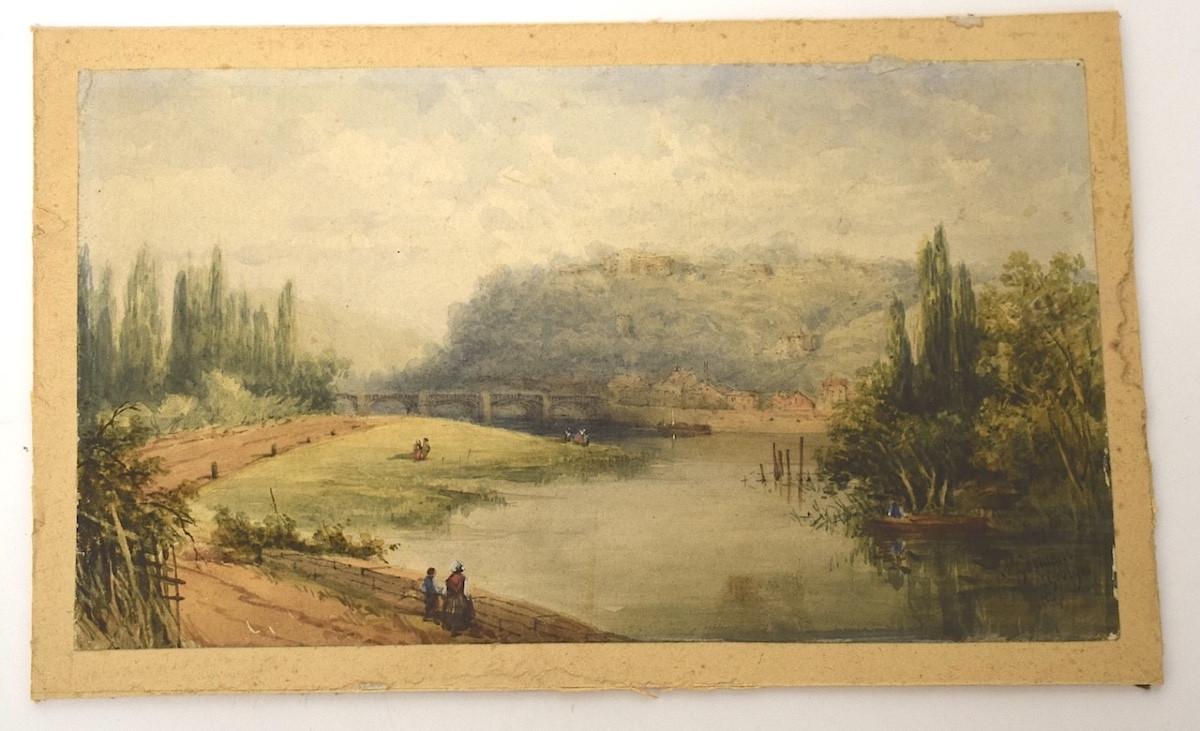 Watercolor 1883 Banks Of The Seine Landscape Signed Georges Near Chatou Refm20