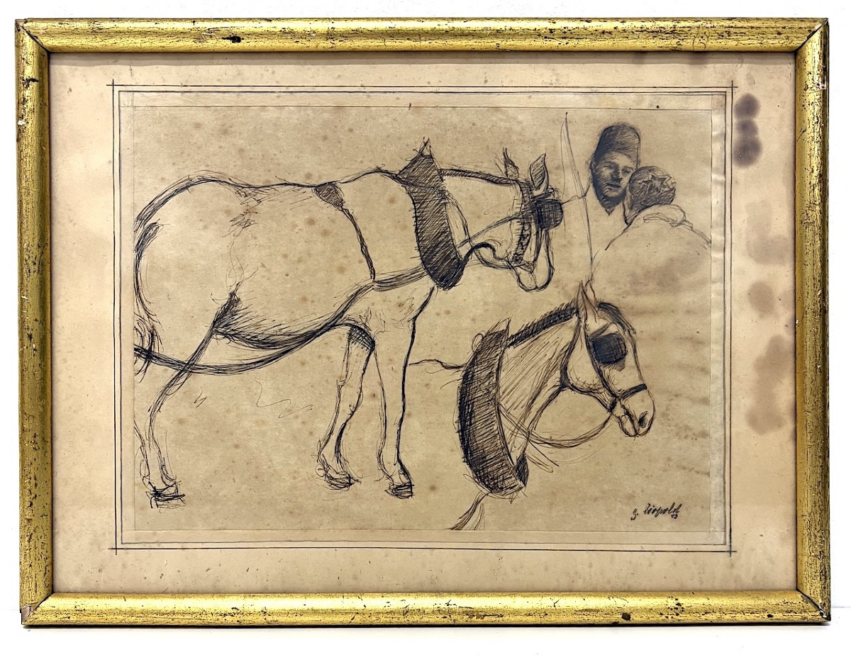 Sign&eacute; Leopold dessin &eacute;tudes cheval et personnages Maroc orientaliste REFm28