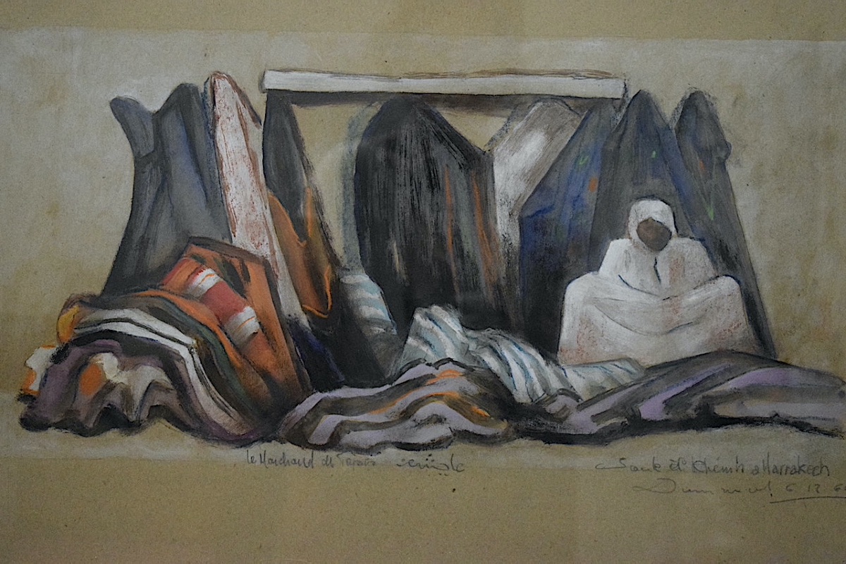 Orientaliste Marchand de tapis à Marrakech gouache pastel signé daté 1964 XX RT1461-photo-2