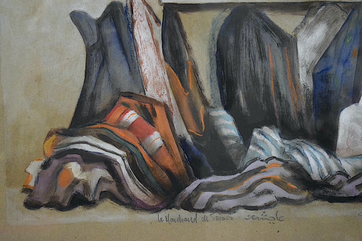 Orientaliste Marchand de tapis à Marrakech gouache pastel signé daté 1964 XX RT1461-photo-3