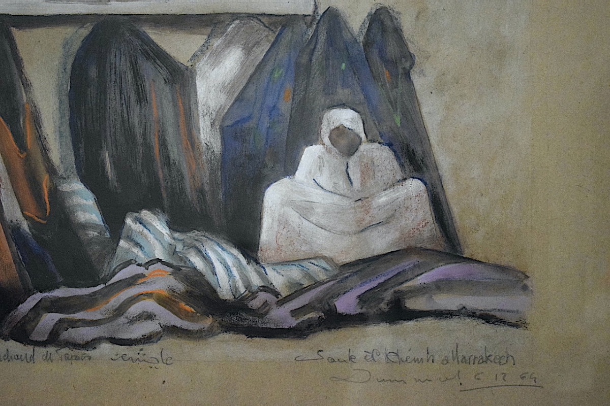 Orientaliste Marchand de tapis à Marrakech gouache pastel signé daté 1964 XX RT1461-photo-4