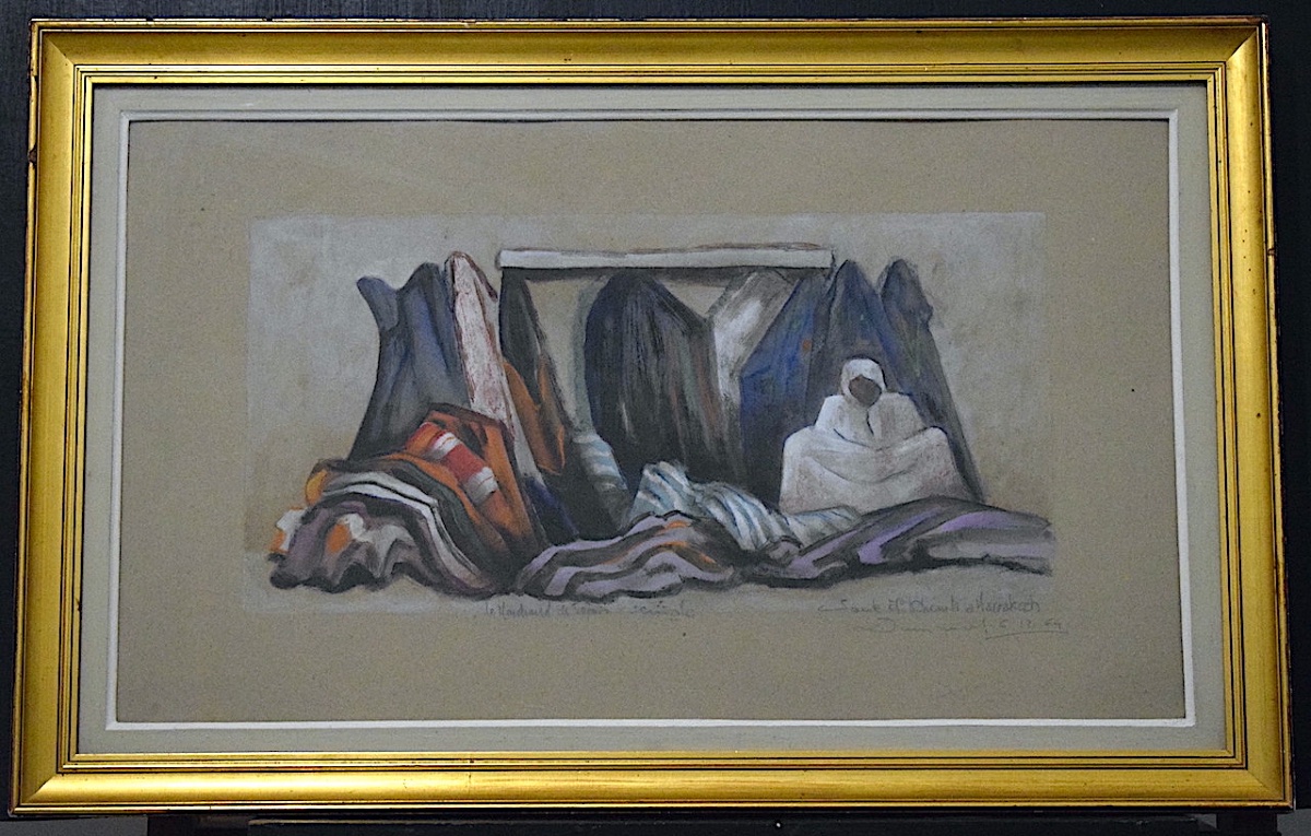 Orientaliste Marchand de tapis à Marrakech gouache pastel signé daté 1964 XX RT1461