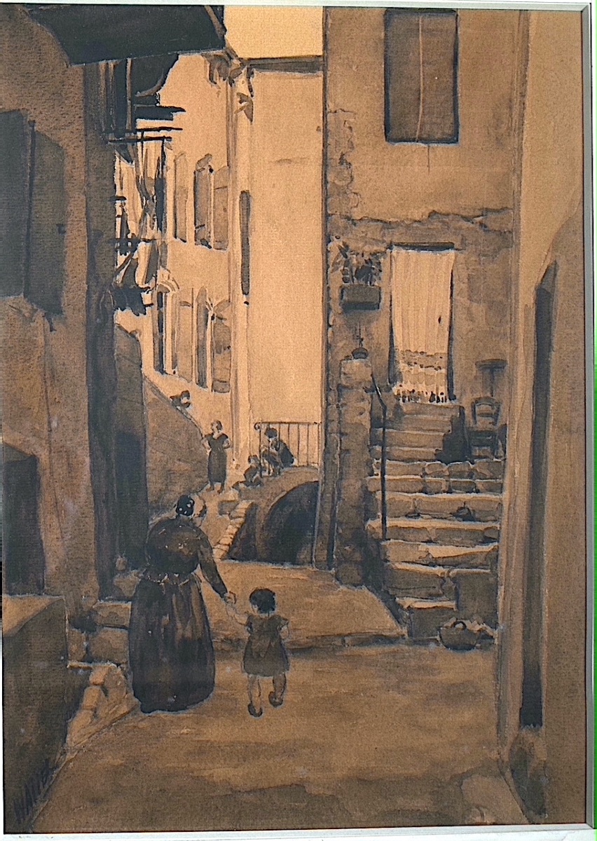 Sepia Ink Wash Signed Waller Lively Provencal Street Arles Avignon Provence Early XXth Rt1462-photo-2