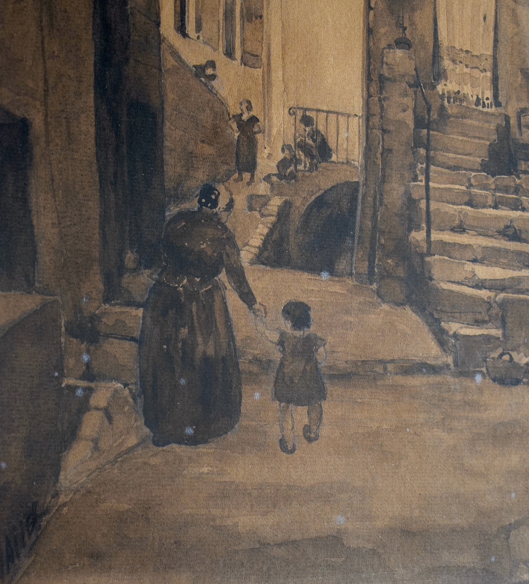 Sepia Ink Wash Signed Waller Lively Provencal Street Arles Avignon Provence Early XXth Rt1462-photo-3