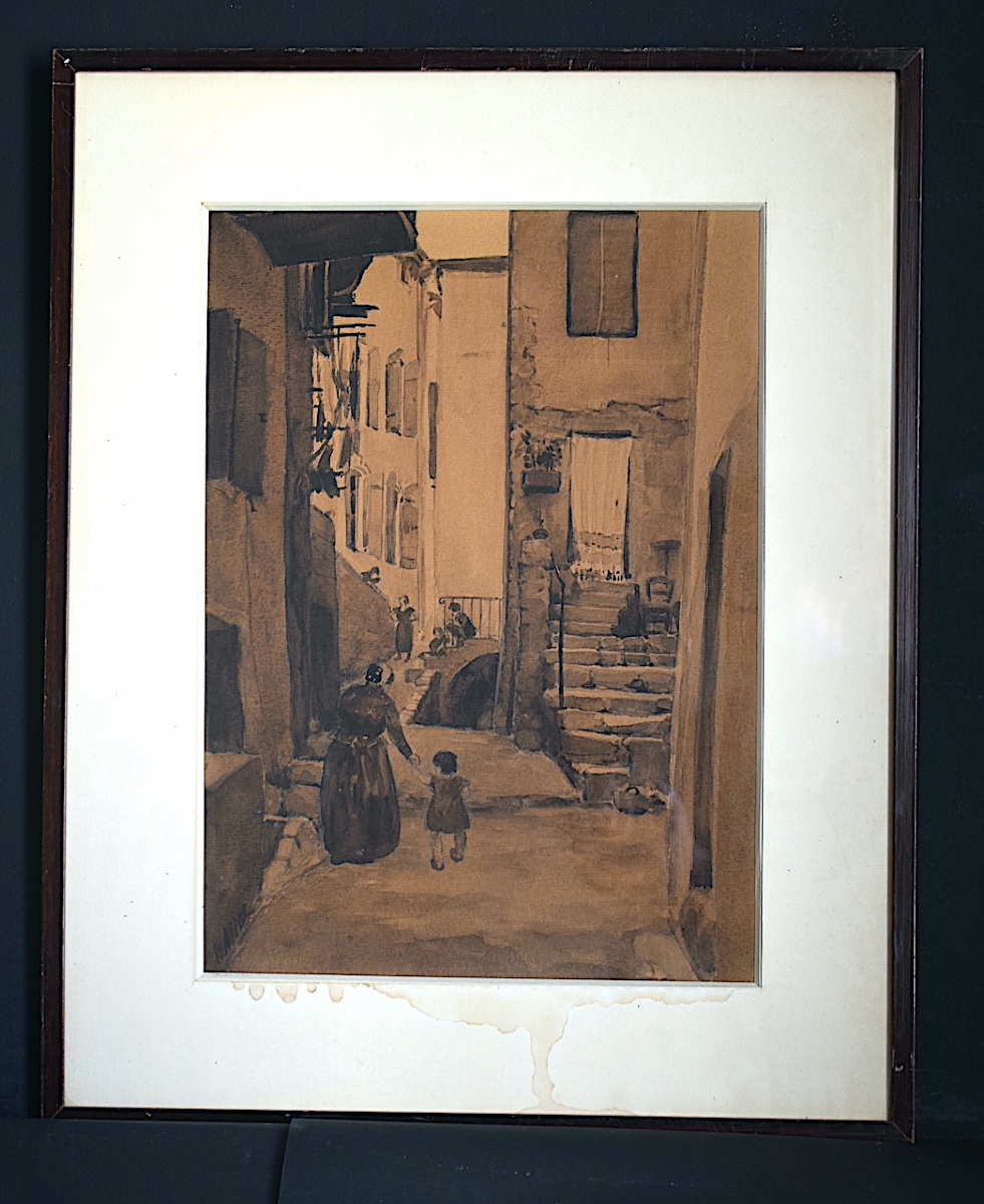 Sepia Ink Wash Signed Waller Lively Provencal Street Arles Avignon Provence Early XXth Rt1462