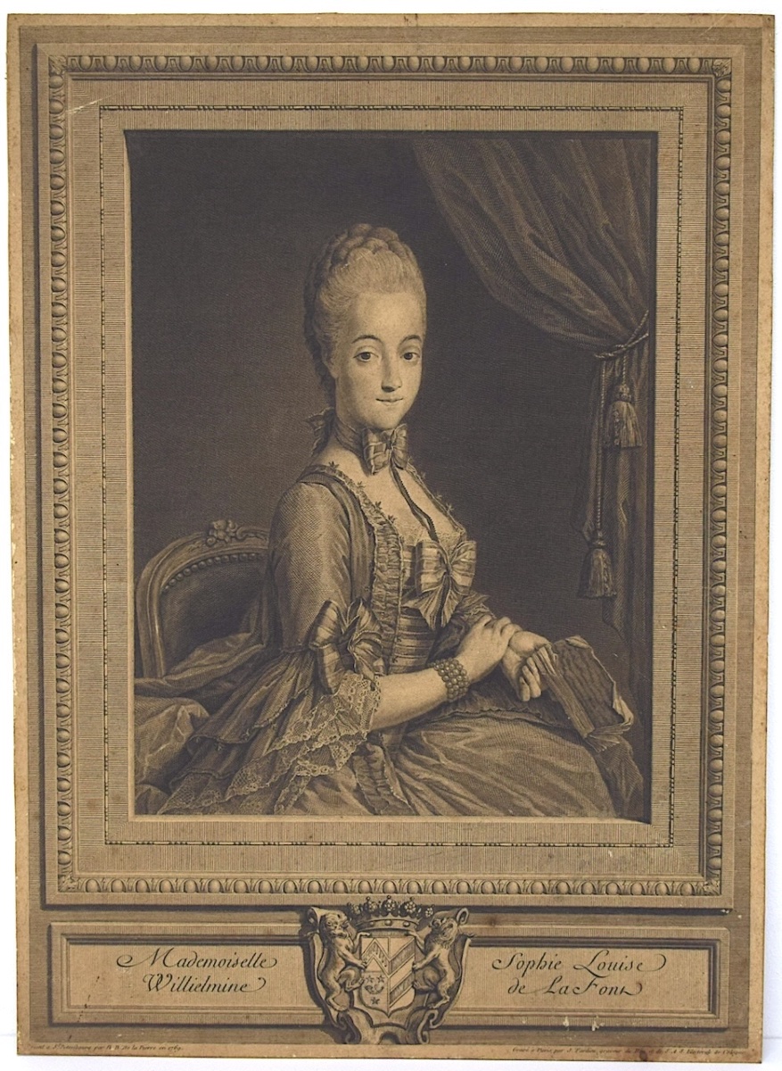 Gravure d’après Nicolas Benjamin Delapierre portrait de Sophie de La Font 1769 refm43