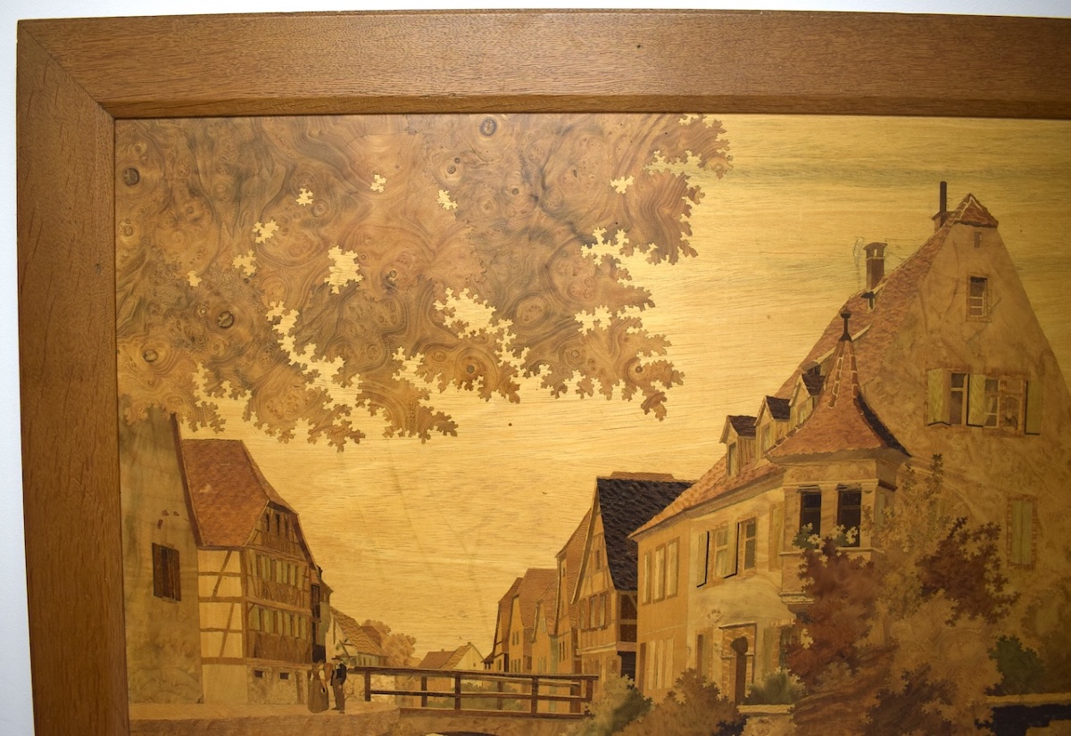 Marquetry Painting Signed Spindler Village In Alsace Wissembourg Ref44-photo-2
