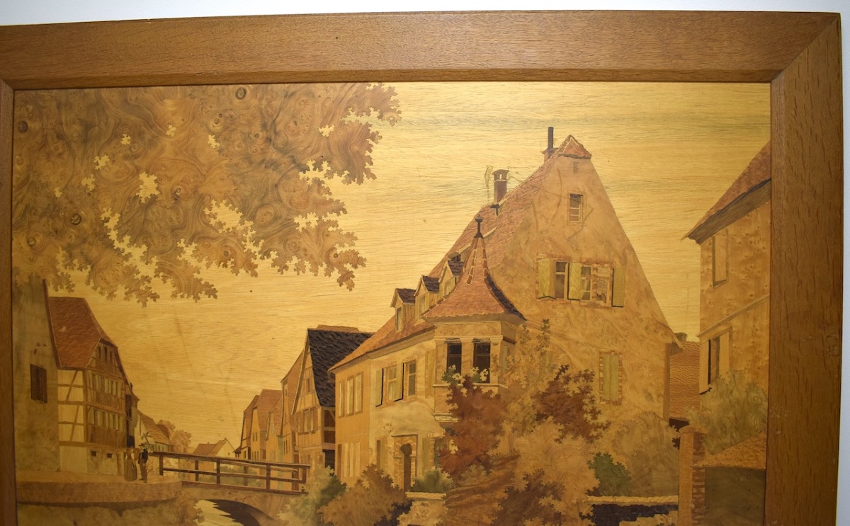 Marquetry Painting Signed Spindler Village In Alsace Wissembourg Ref44-photo-3