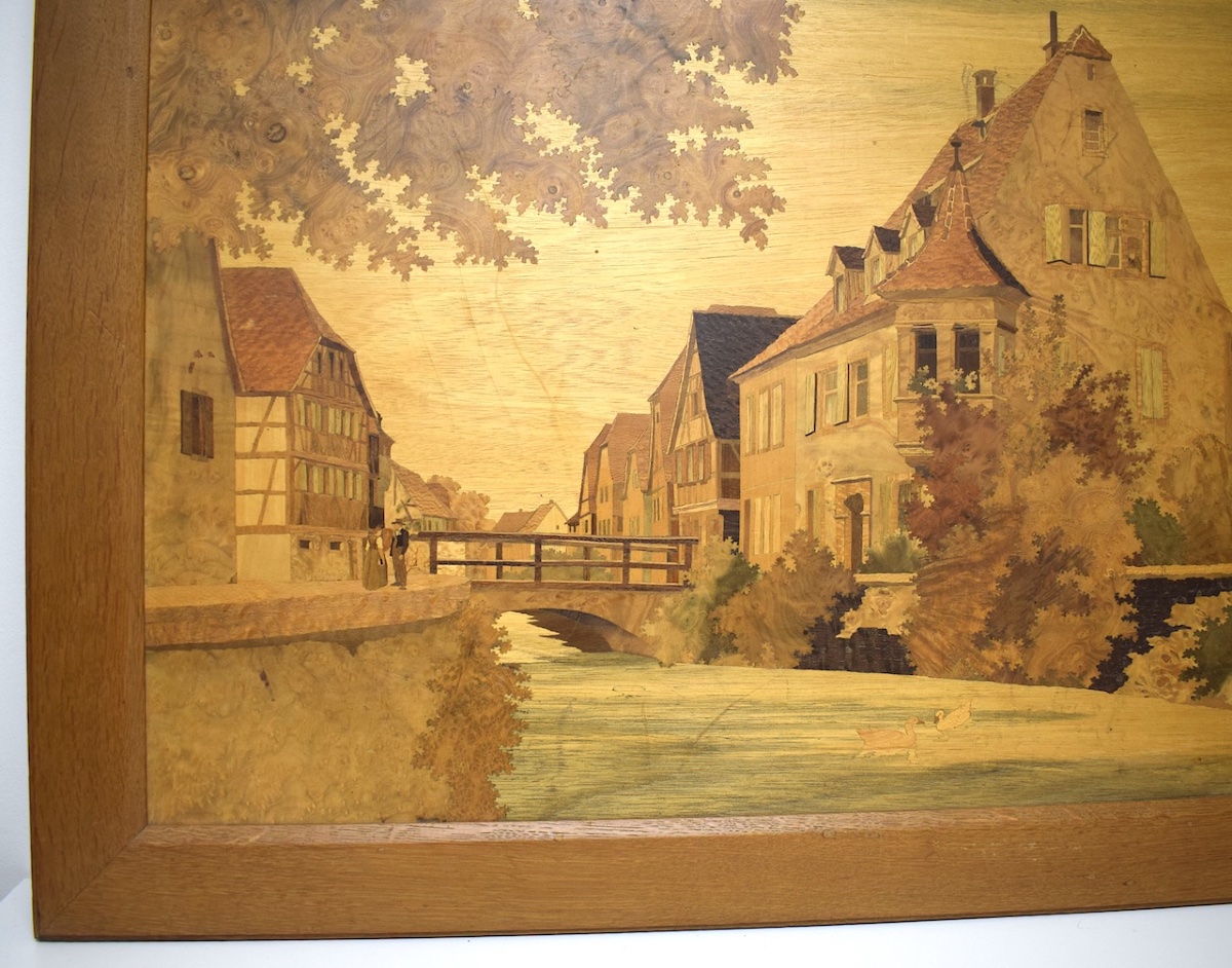 Marquetry Painting Signed Spindler Village In Alsace Wissembourg Ref44-photo-4