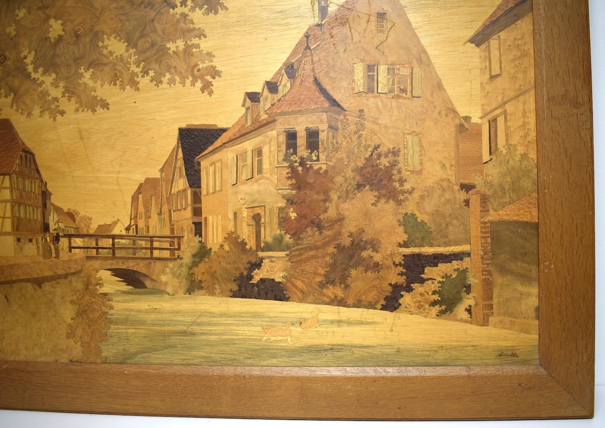 Marquetry Painting Signed Spindler Village In Alsace Wissembourg Ref44-photo-1