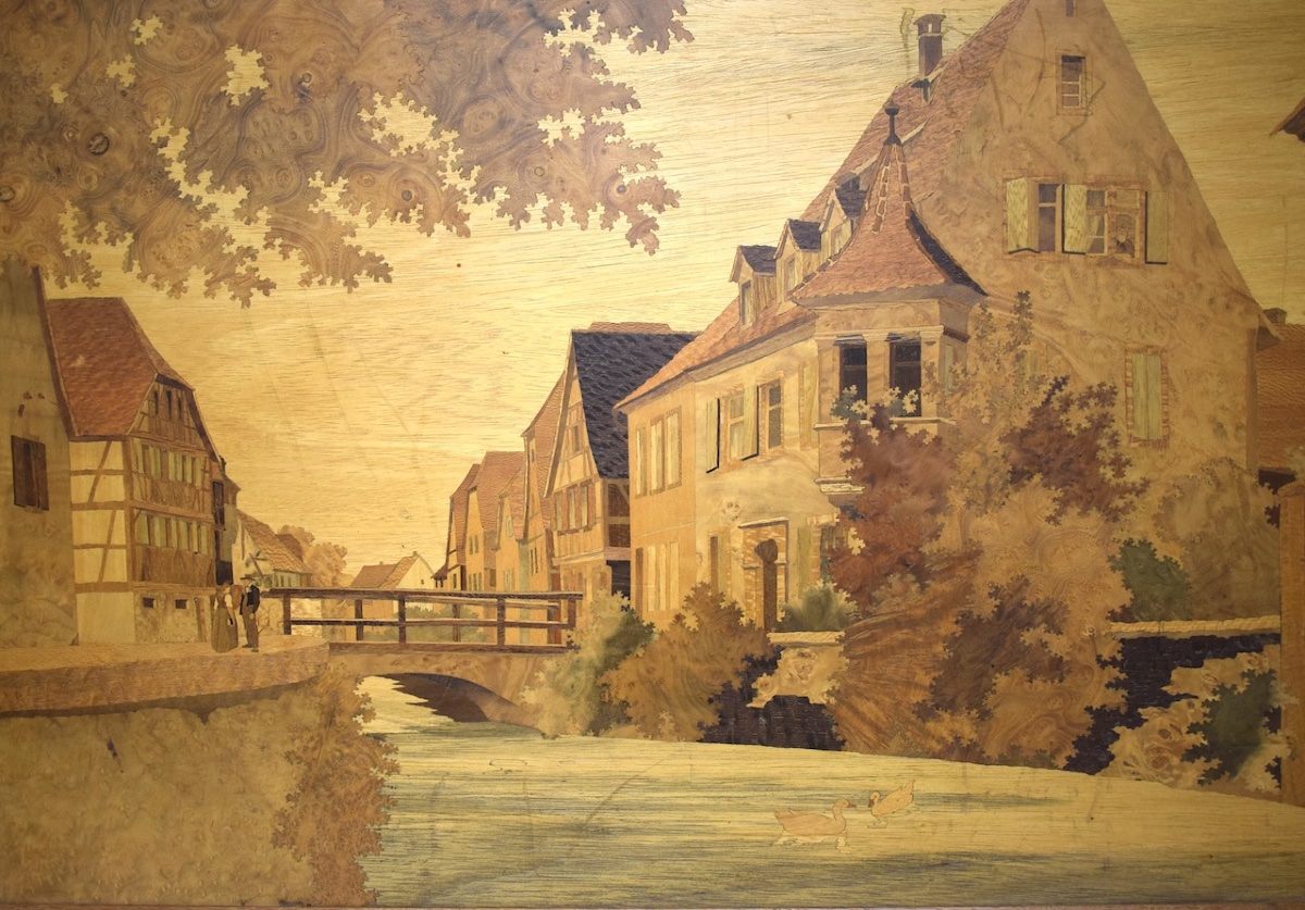 Marquetry Painting Signed Spindler Village In Alsace Wissembourg Ref44-photo-2