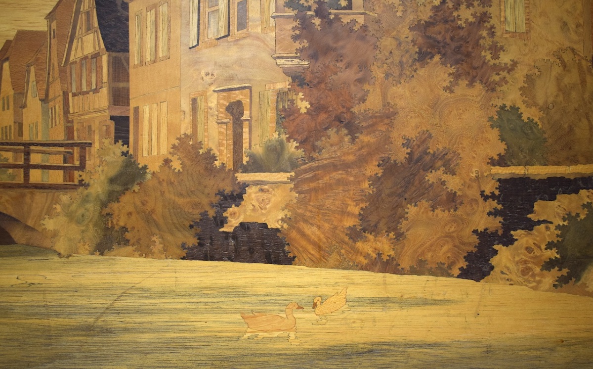 Marquetry Painting Signed Spindler Village In Alsace Wissembourg Ref44-photo-3