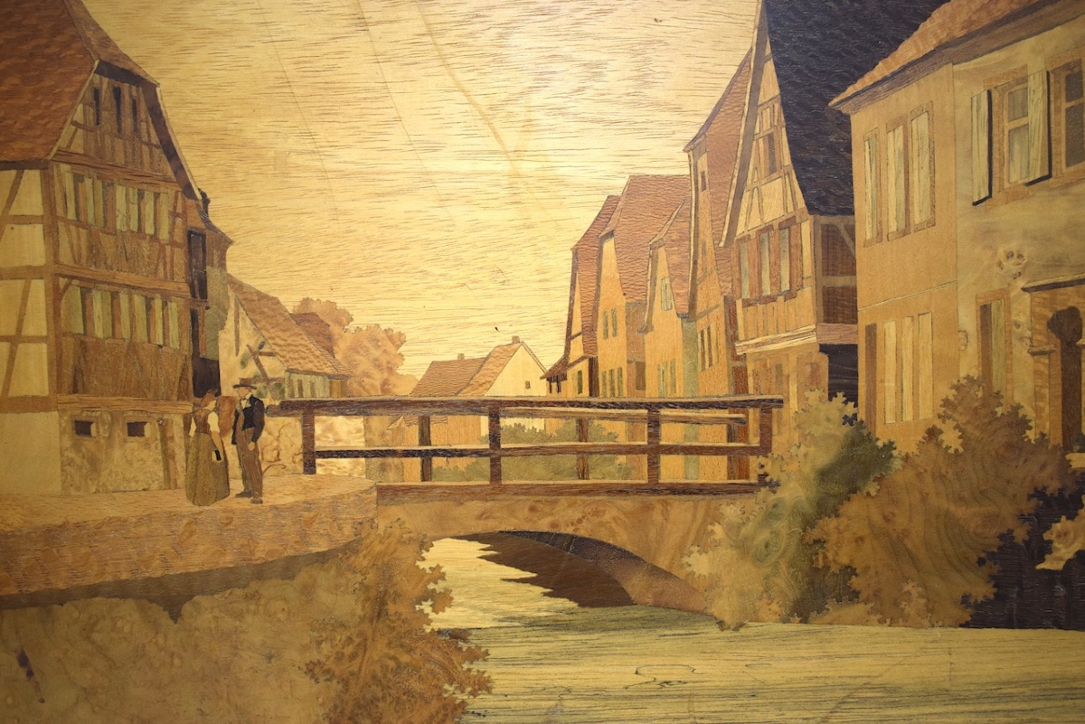 Marquetry Painting Signed Spindler Village In Alsace Wissembourg Ref44-photo-4