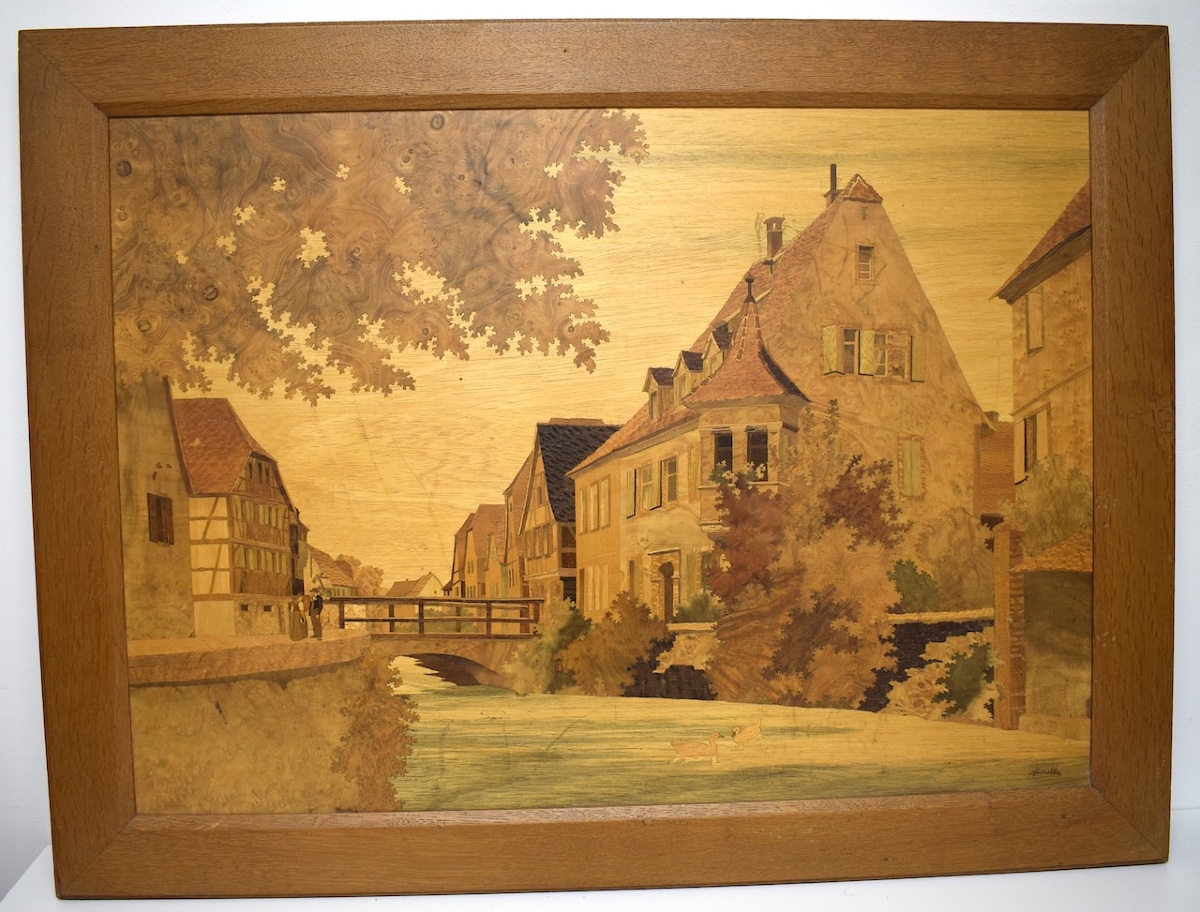 Marquetry Painting Signed Spindler Village In Alsace Wissembourg Ref44-photo-8