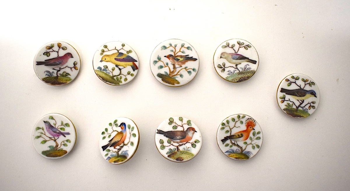 9 Antique Porcelain Knobs Painted With Meissen Birds Ref1141