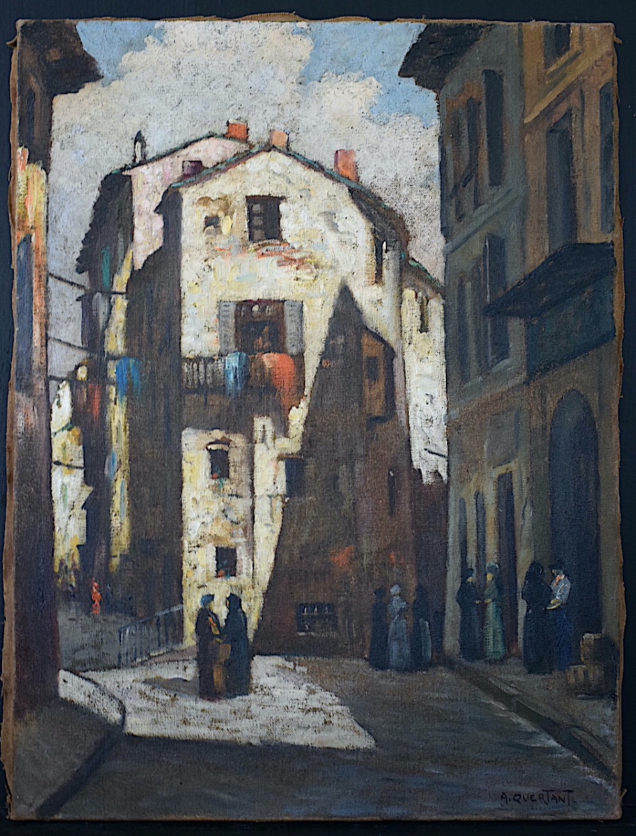 Alfred Quertant (1890–1965) Provençal Village, Bustling Street Scene, Provence  Rt1464