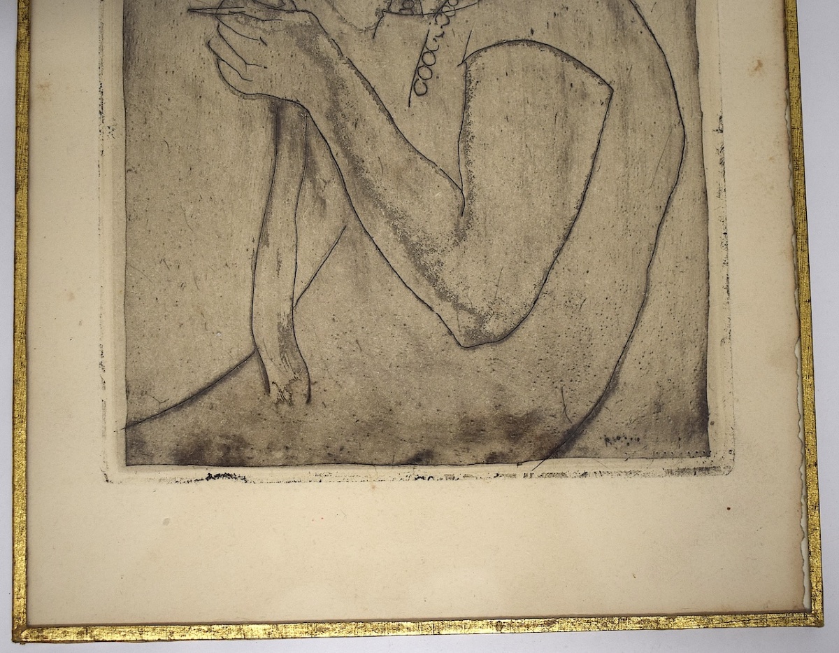 Ecole de Paris gravure art deco  Femme cousant Monogramme Cachet d' atelier à identifier Refm45-photo-3