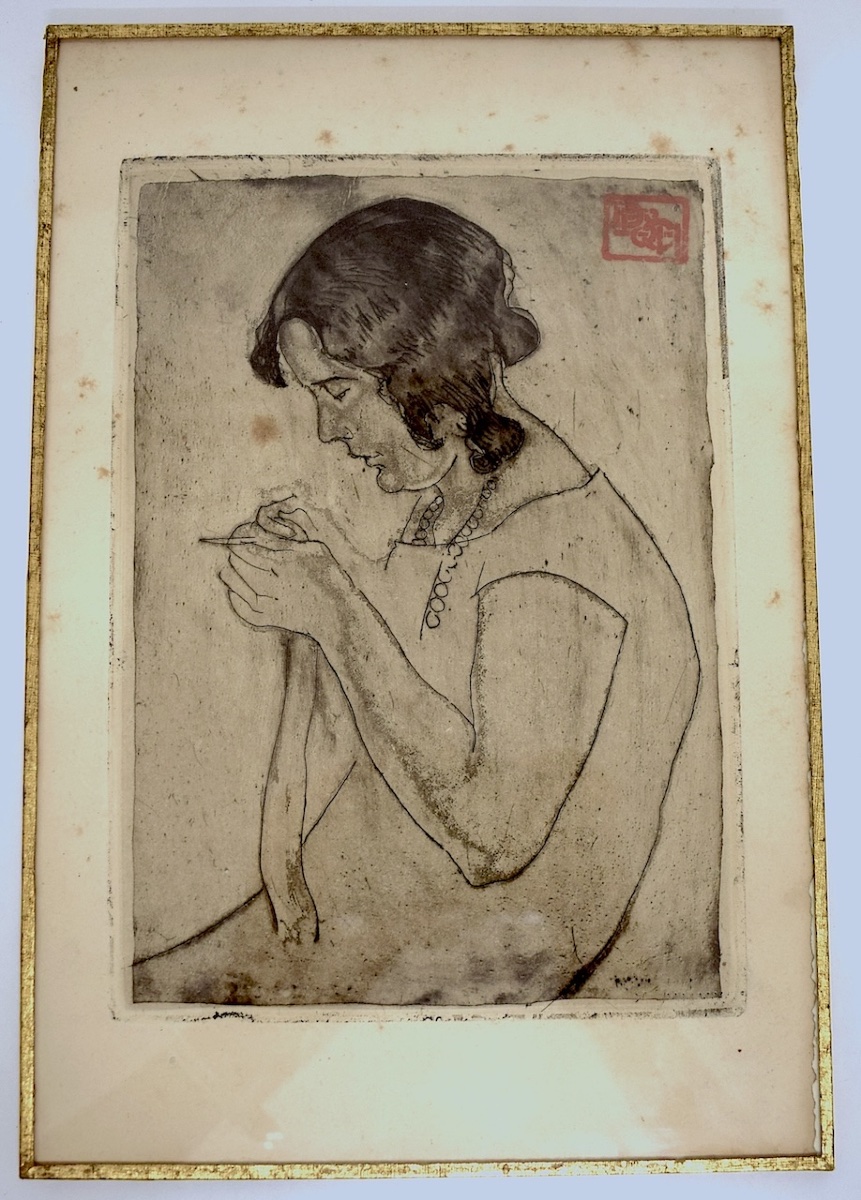 Ecole de Paris gravure art deco  Femme cousant Monogramme Cachet d' atelier à identifier Refm45-photo-4