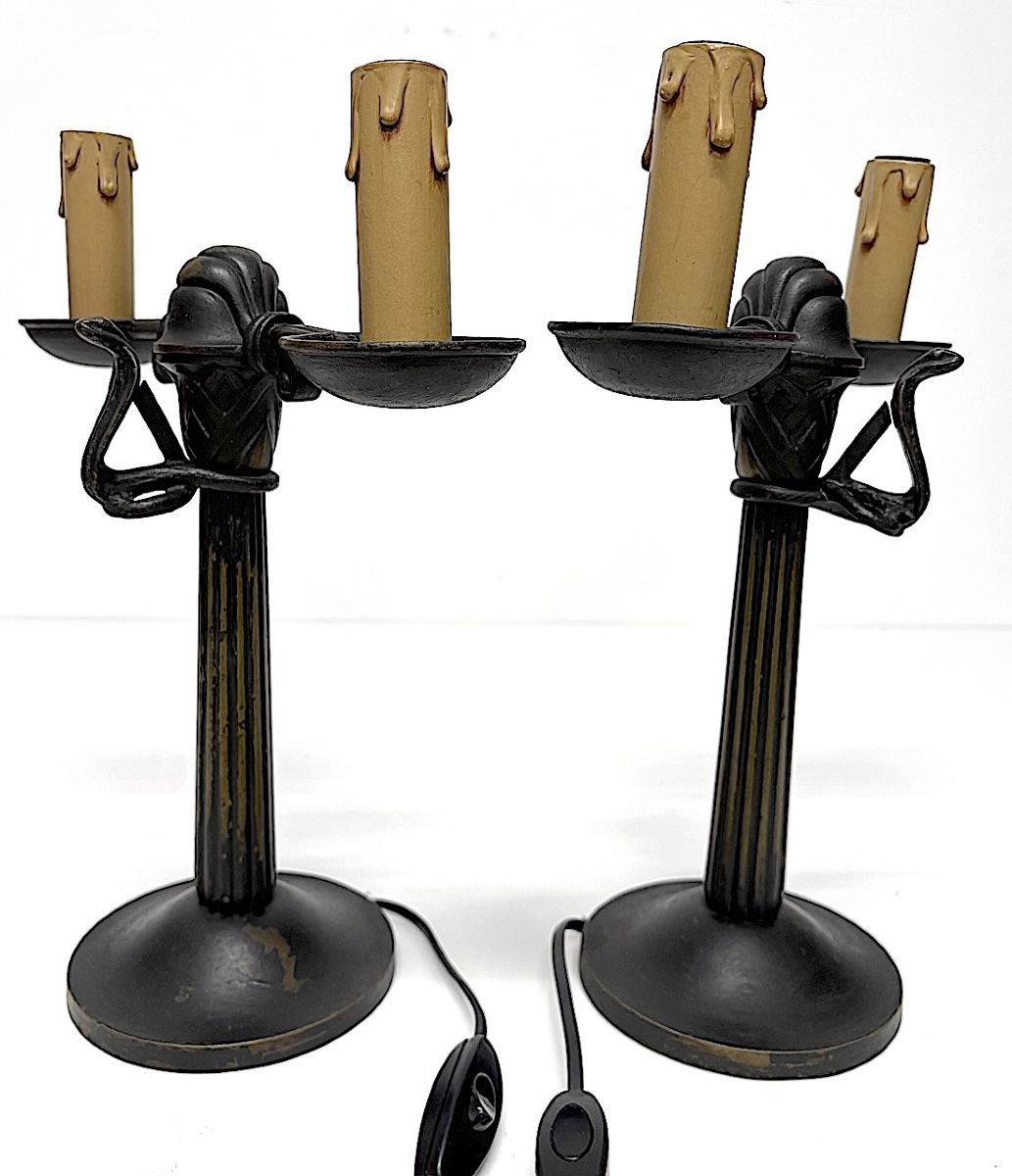 Paire de lampe de table Cand&eacute;labres art deco en Bronze D&eacute;cor serpent  Cobras Ref1150 -photo-3