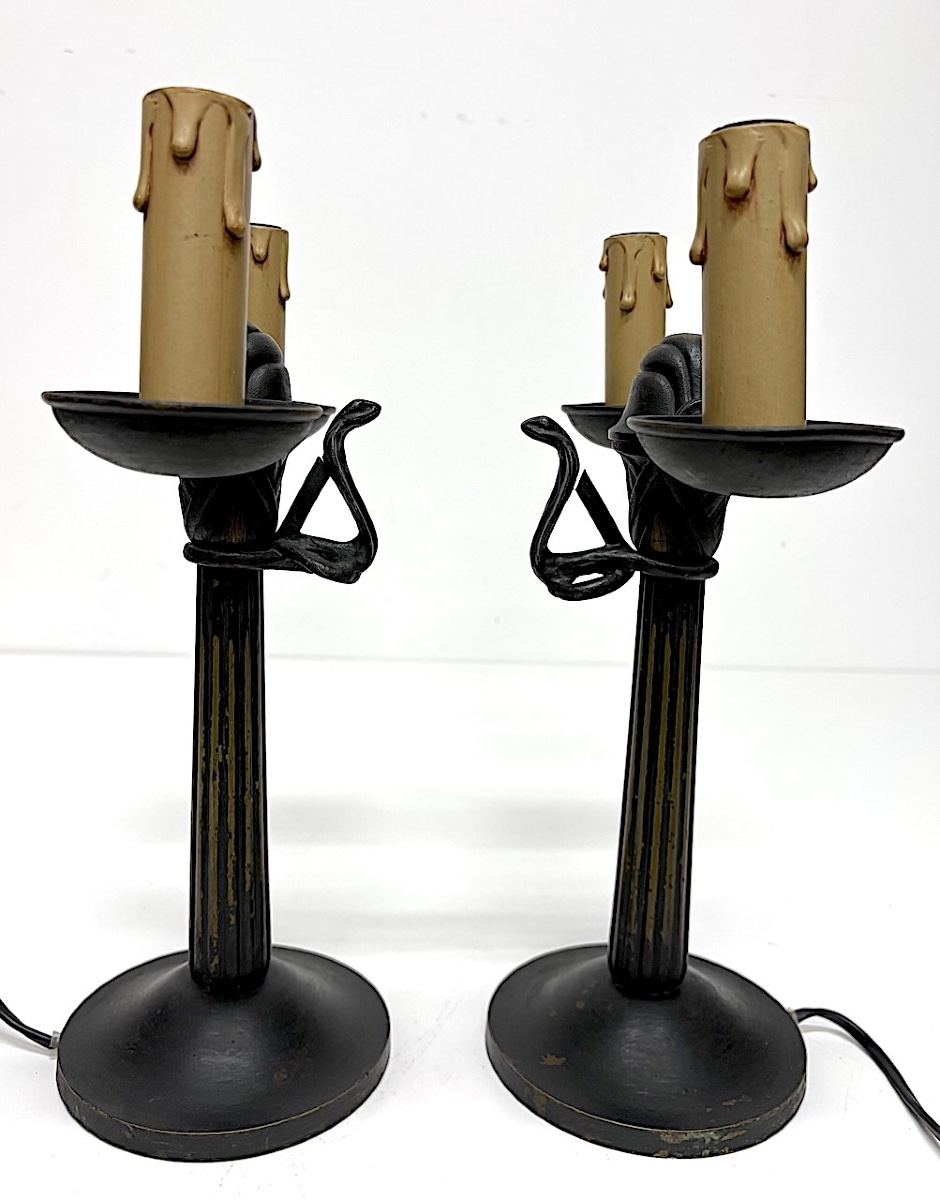 Paire de lampe de table Cand&eacute;labres art deco en Bronze D&eacute;cor serpent  Cobras Ref1150 -photo-4