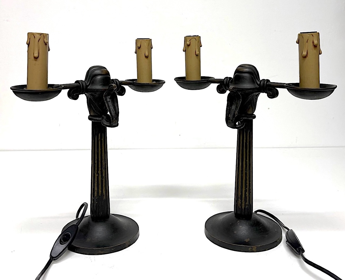 Paire de lampe de table Cand&eacute;labres art deco en Bronze D&eacute;cor serpent  Cobras Ref1150 -photo-1