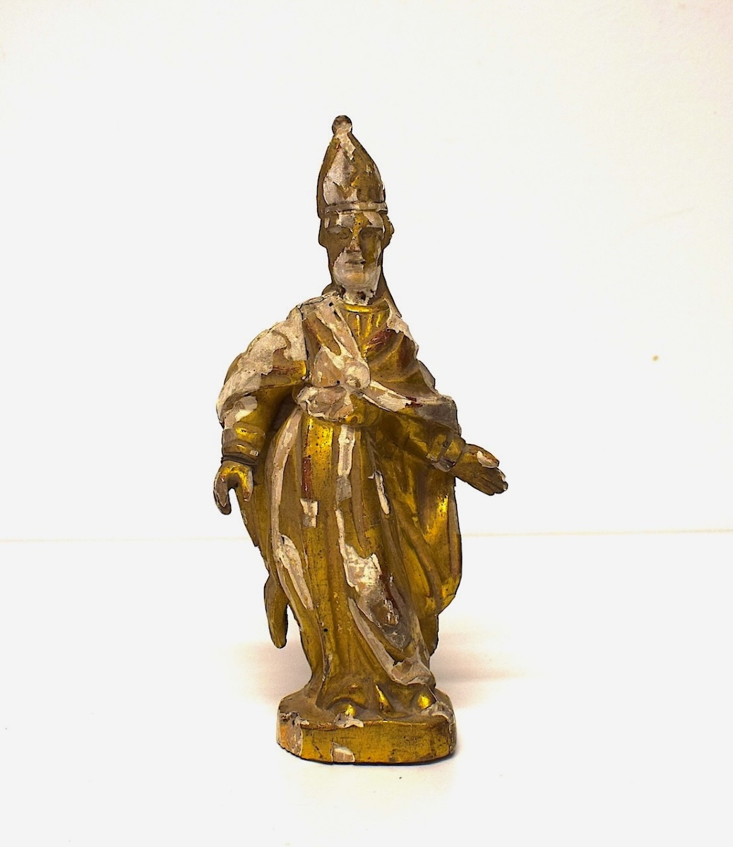 Bois Sculpté doré statuette  Évêque 18 ème siècle Ref1156