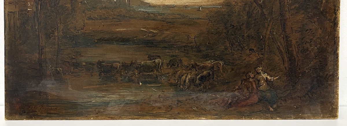 Dessin et huile ancien sur carton suiveur de Claude Lorrain paysage Antique refm50-photo-3