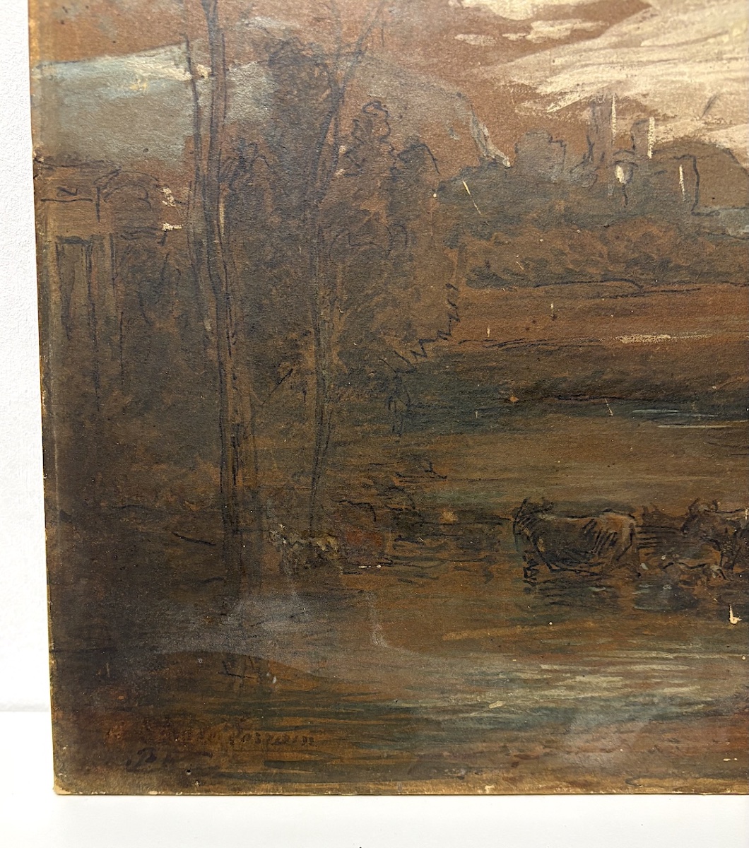 Dessin et huile ancien sur carton suiveur de Claude Lorrain paysage Antique refm50-photo-1