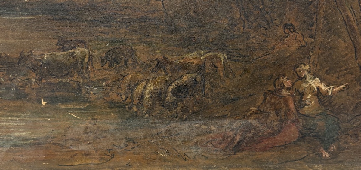 Dessin et huile ancien sur carton suiveur de Claude Lorrain paysage Antique refm50-photo-4