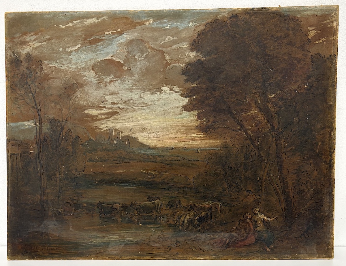 Dessin et huile ancien sur carton suiveur de Claude Lorrain paysage Antique refm50-photo-8