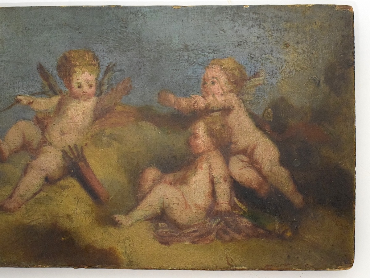 Panneau  huile sur bois  Angelots Cupidon Entourage  J F Boucher  Refm51-photo-2