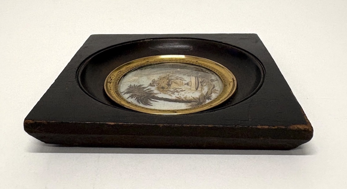 Miniature travail de cheveux figurant une urne fleurie sous un palmier Ref1170 -photo-4