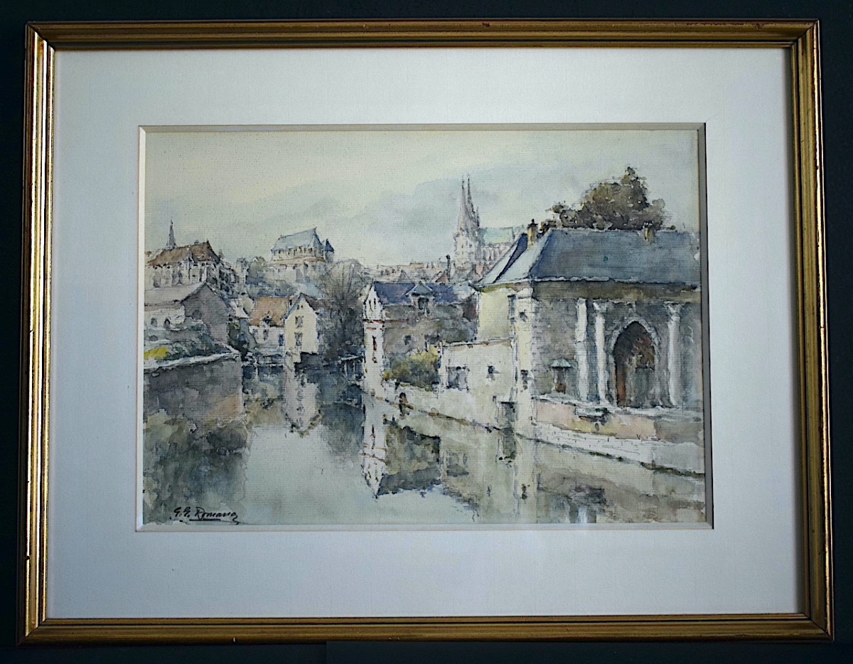 Vue de Chartres aquarelle signé ROMANO Eure-et-Loir  Centre-Val de Loire XX ème siècle RT1473