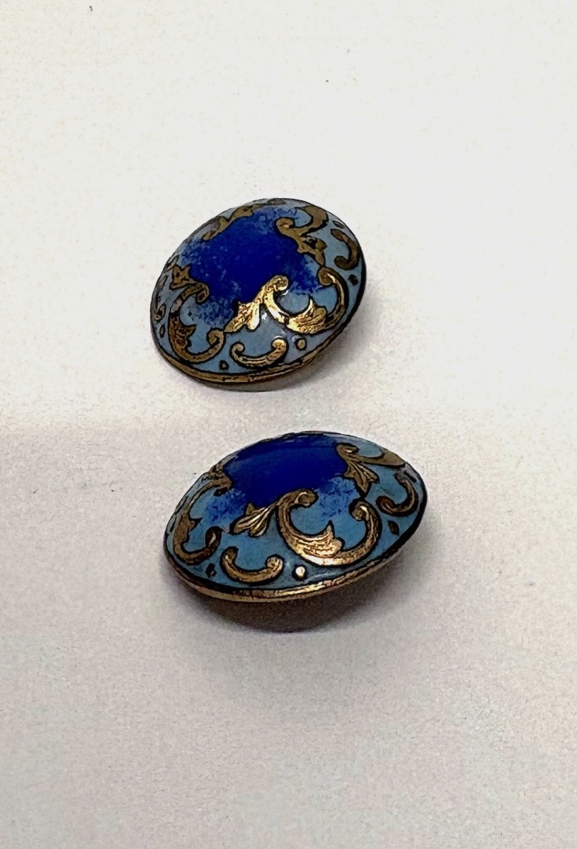 Four Vest Buttons, Enameled Copper, Scroll Design, 1900s, Vintage Fabric, Garment Ref. 1181 -photo-1