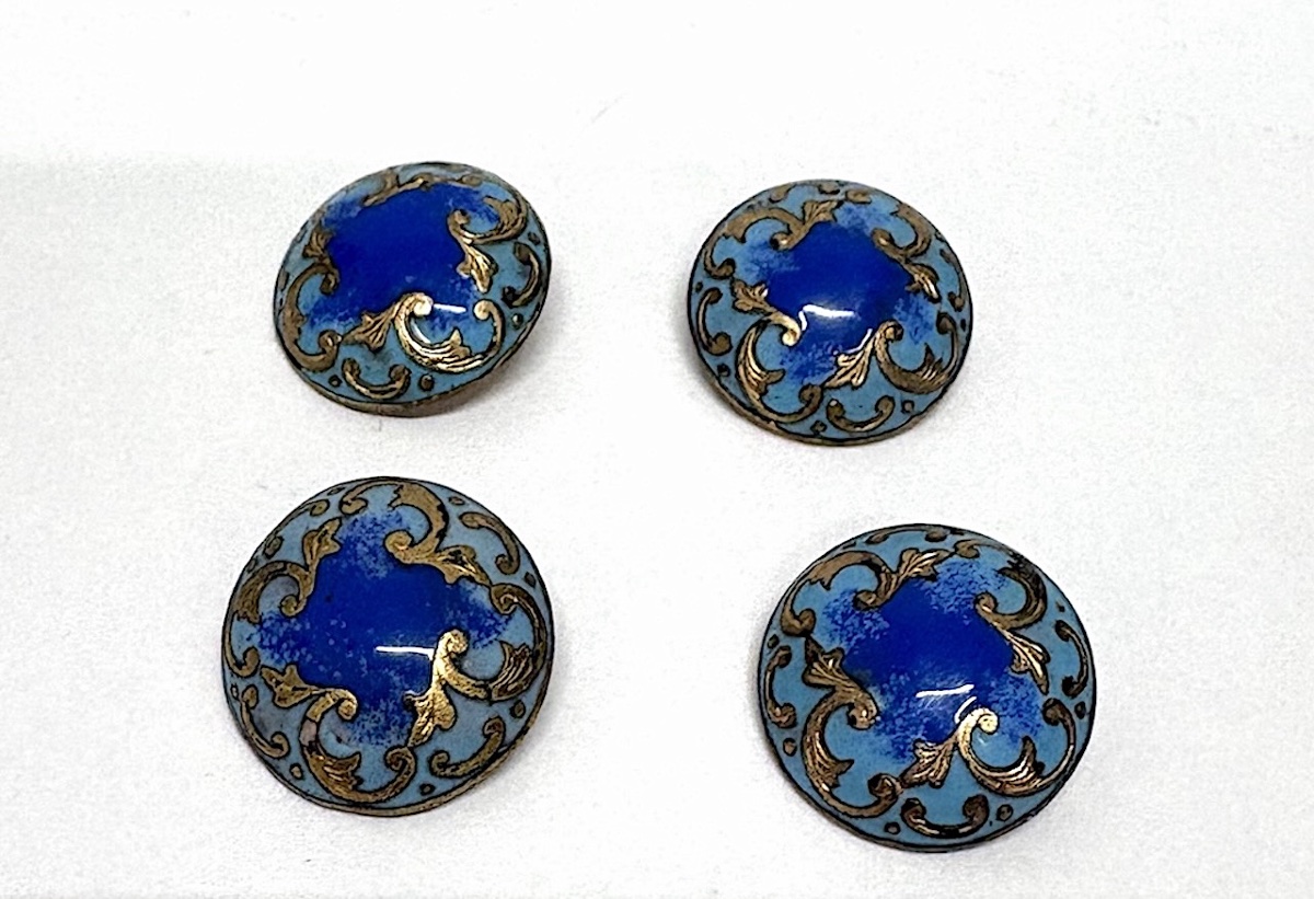 Four Vest Buttons, Enameled Copper, Scroll Design, 1900s, Vintage Fabric, Garment Ref. 1181 -photo-5