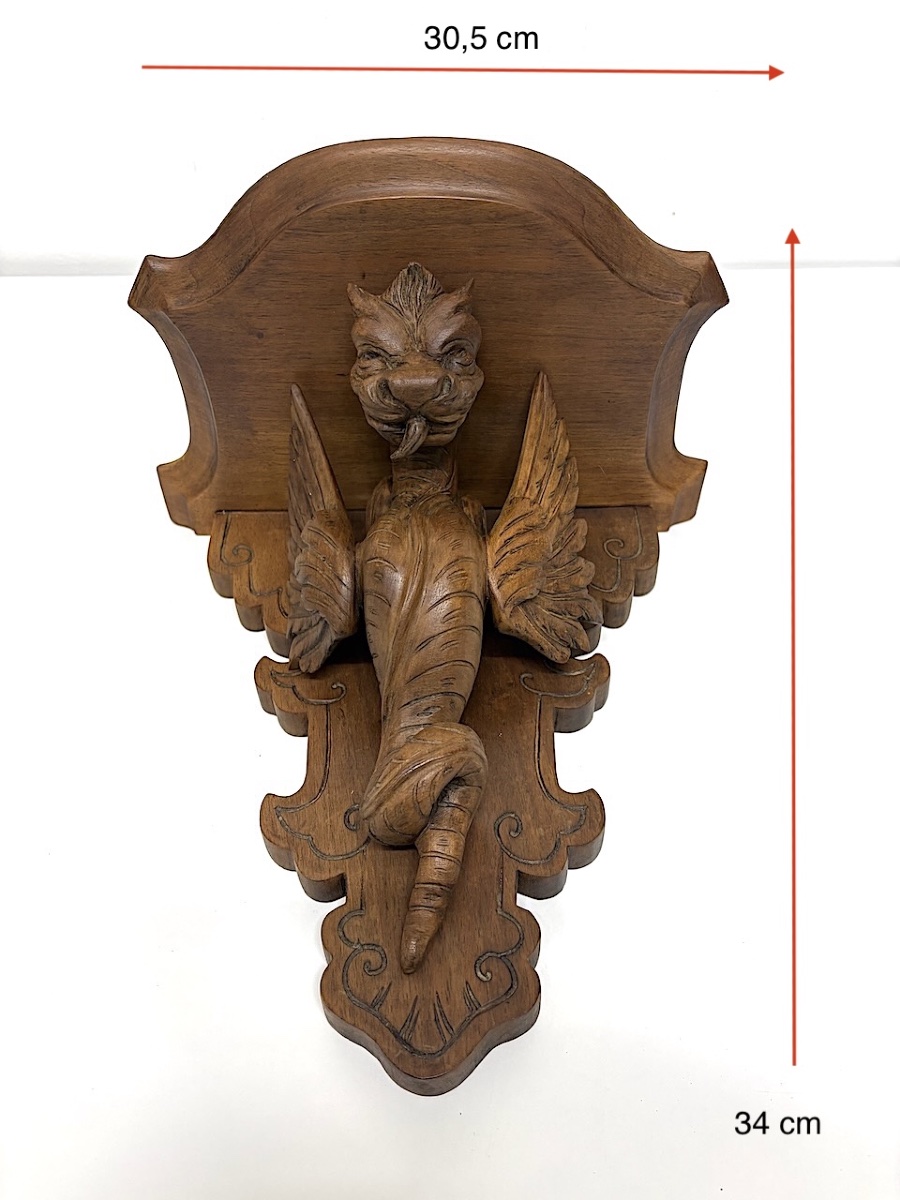 Pair Of Neo-gothic Carved Wood Wall Shelf Consoles With Dragon Motifs, Ref. 1195 -photo-3