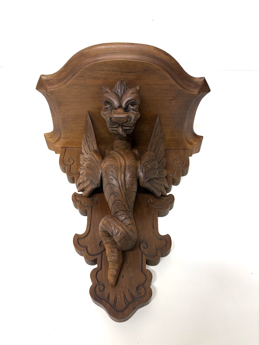 Pair Of Neo-gothic Carved Wood Wall Shelf Consoles With Dragon Motifs, Ref. 1195 -photo-1