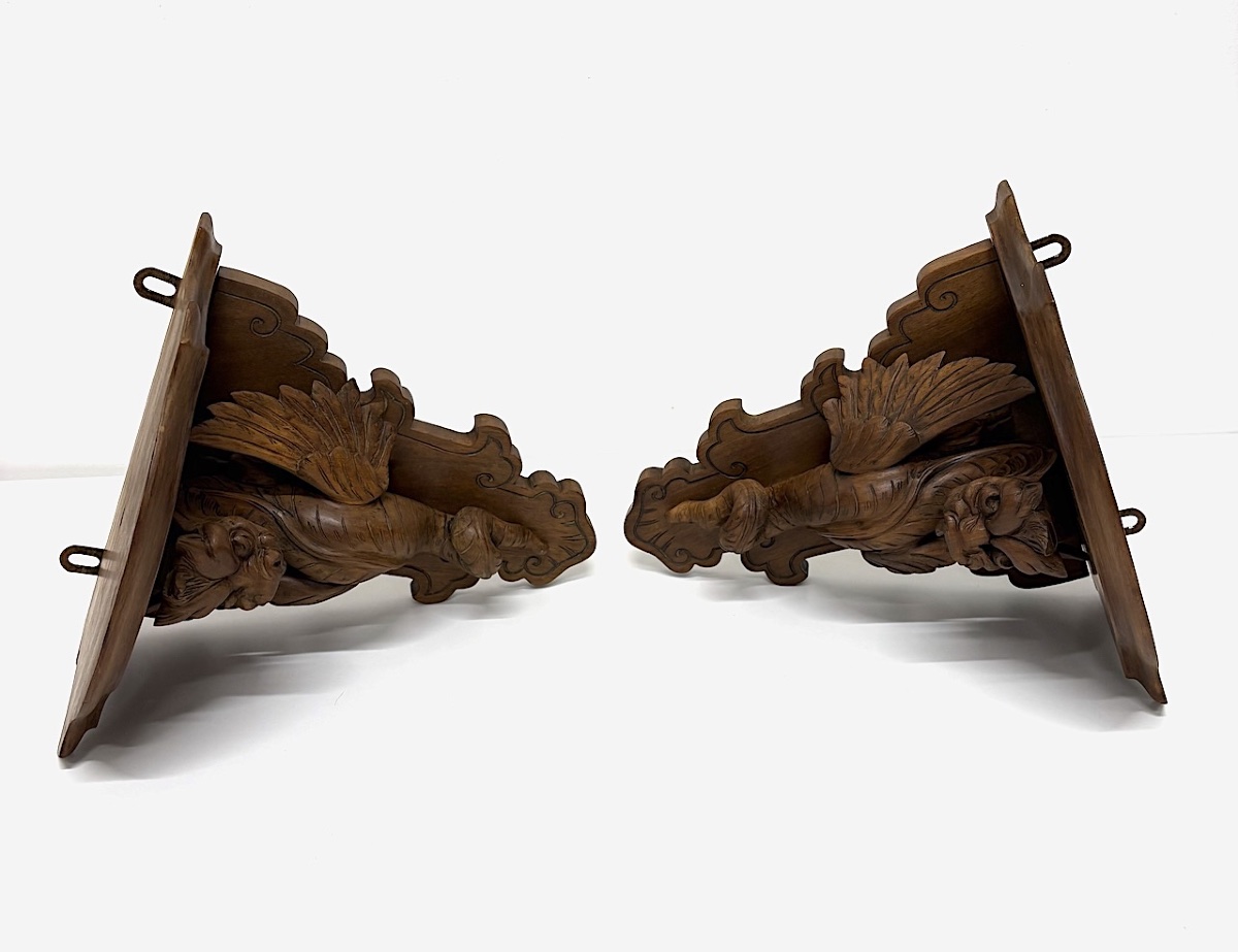 Pair Of Neo-gothic Carved Wood Wall Shelf Consoles With Dragon Motifs, Ref. 1195 -photo-3