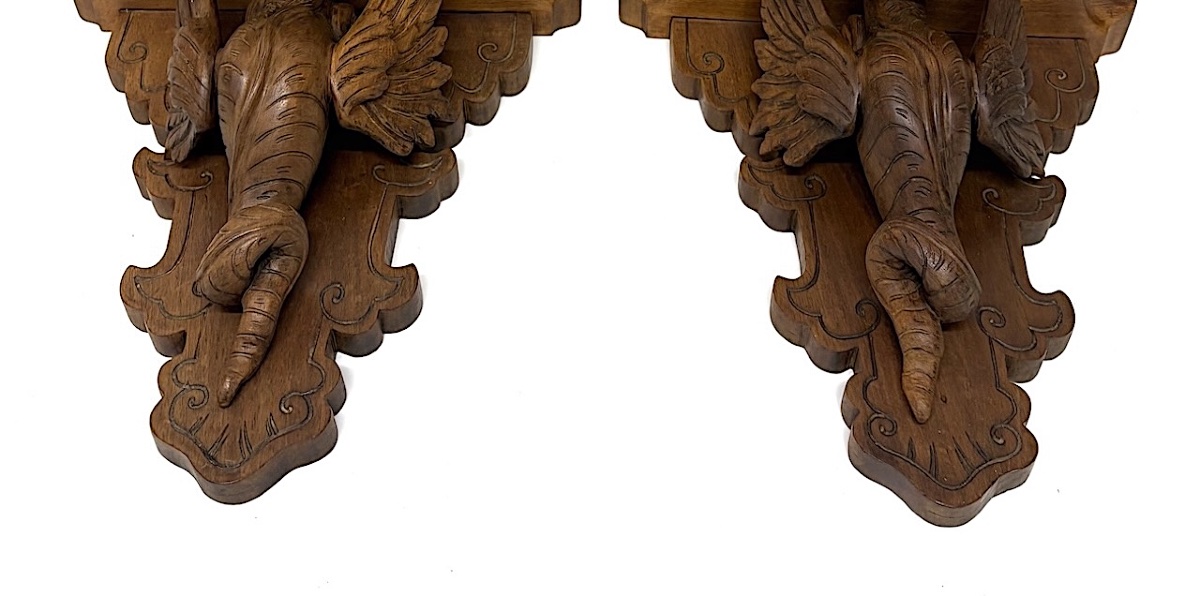 Pair Of Neo-gothic Carved Wood Wall Shelf Consoles With Dragon Motifs, Ref. 1195 -photo-7