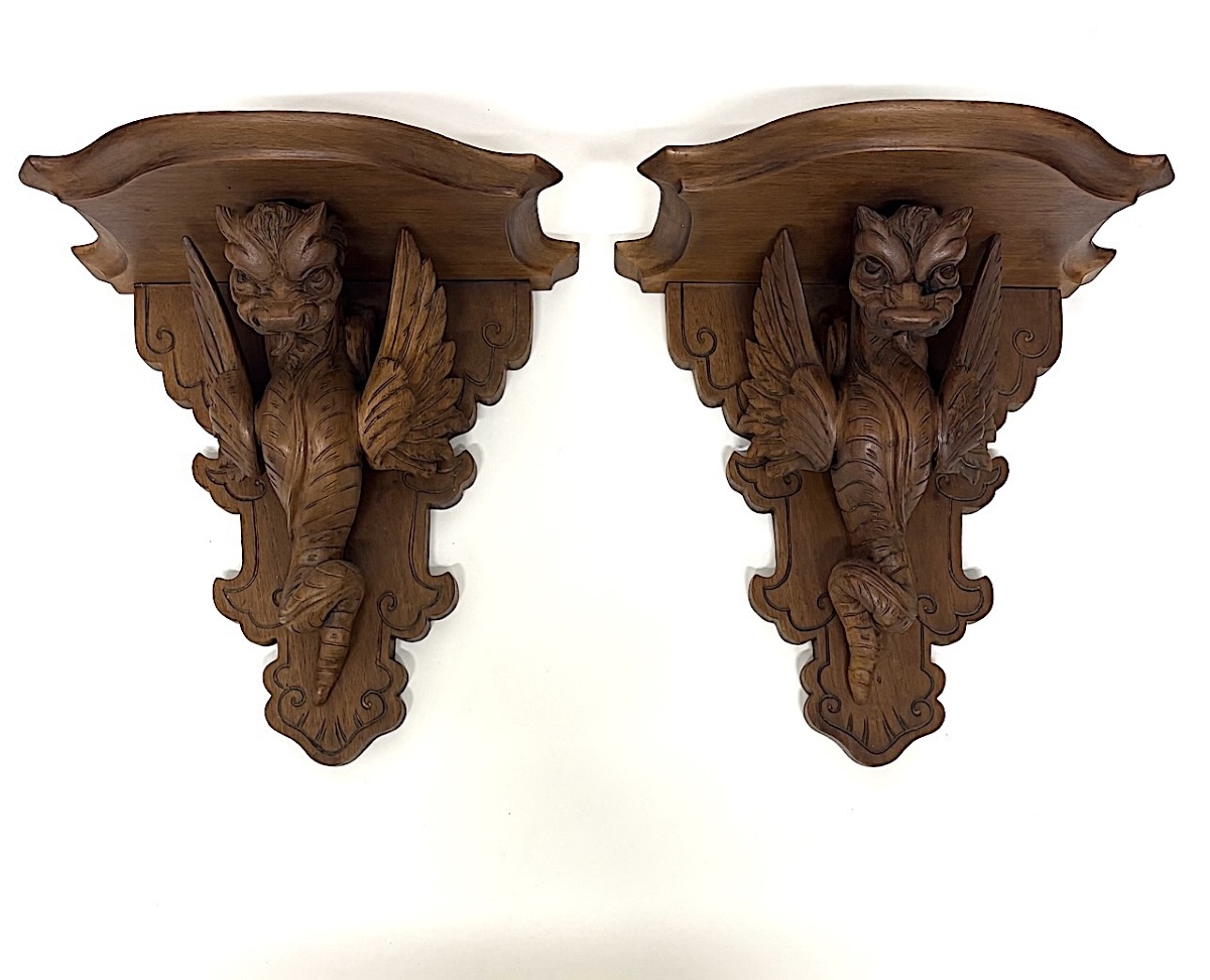 Pair Of Neo-gothic Carved Wood Wall Shelf Consoles With Dragon Motifs, Ref. 1195 -photo-8