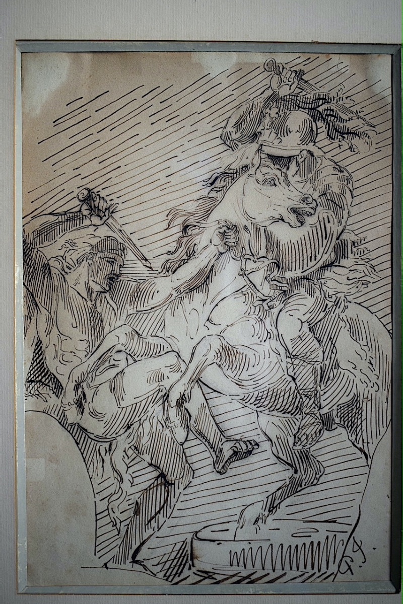 Dessin ancien plume et encre scène de bataille cheval cavalier soldat monogramme PJ   RT1483-photo-2