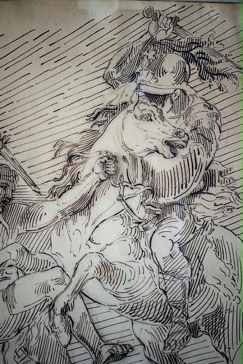 Dessin ancien plume et encre scène de bataille cheval cavalier soldat monogramme PJ   RT1483-photo-4