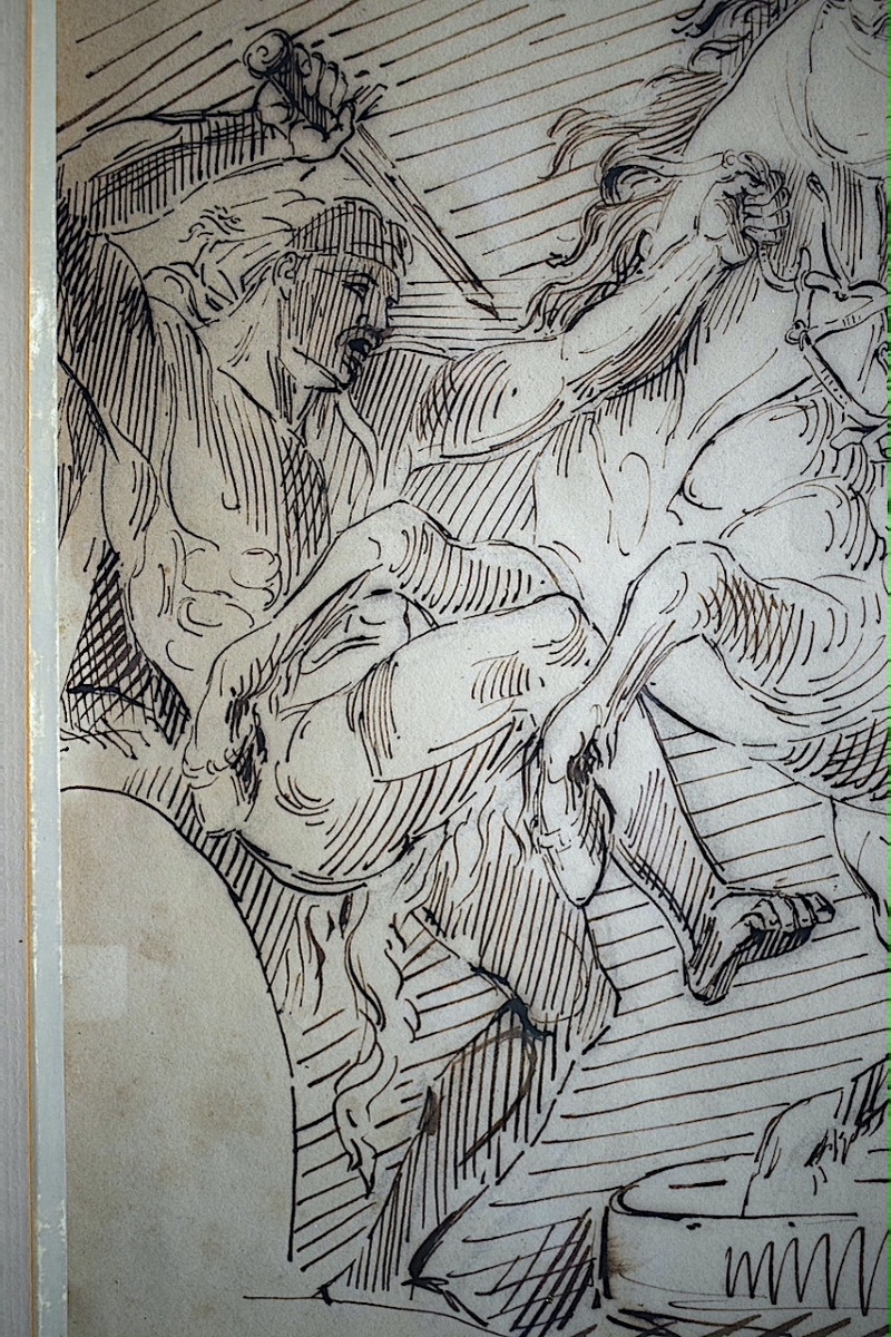 Dessin ancien plume et encre scène de bataille cheval cavalier soldat monogramme PJ   RT1483-photo-1