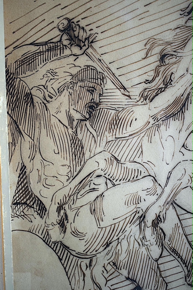 Dessin ancien plume et encre scène de bataille cheval cavalier soldat monogramme PJ   RT1483-photo-2