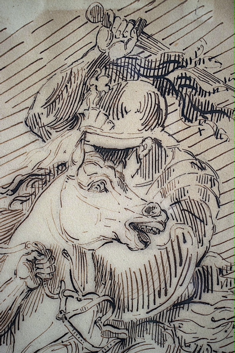 Dessin ancien plume et encre scène de bataille cheval cavalier soldat monogramme PJ   RT1483-photo-3