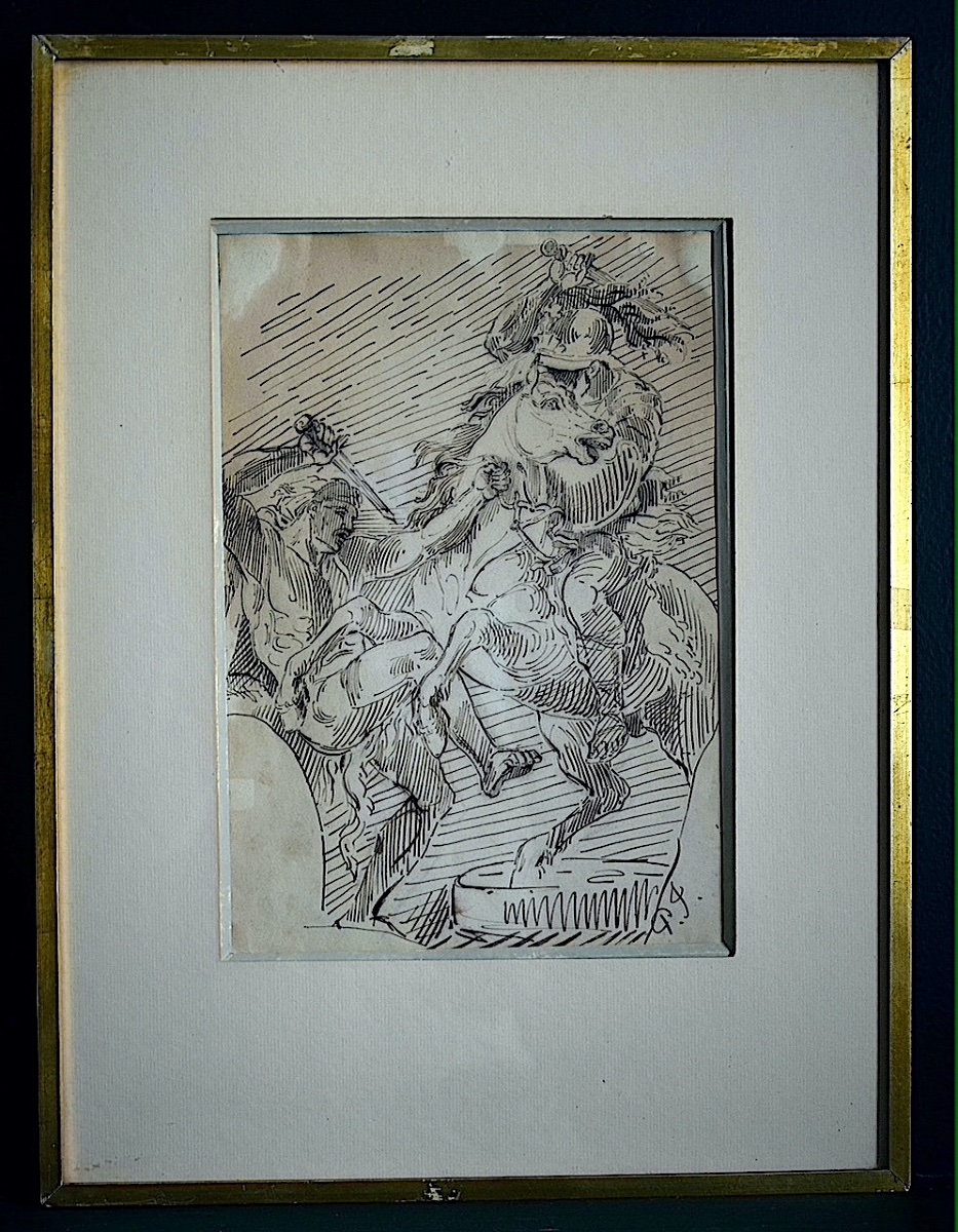 Dessin ancien plume et encre scène de bataille cheval cavalier soldat monogramme PJ   RT1483
